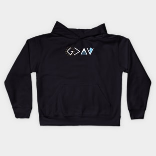 God is greater than the highs and the lows from Romans 8:28, white text Kids Hoodie